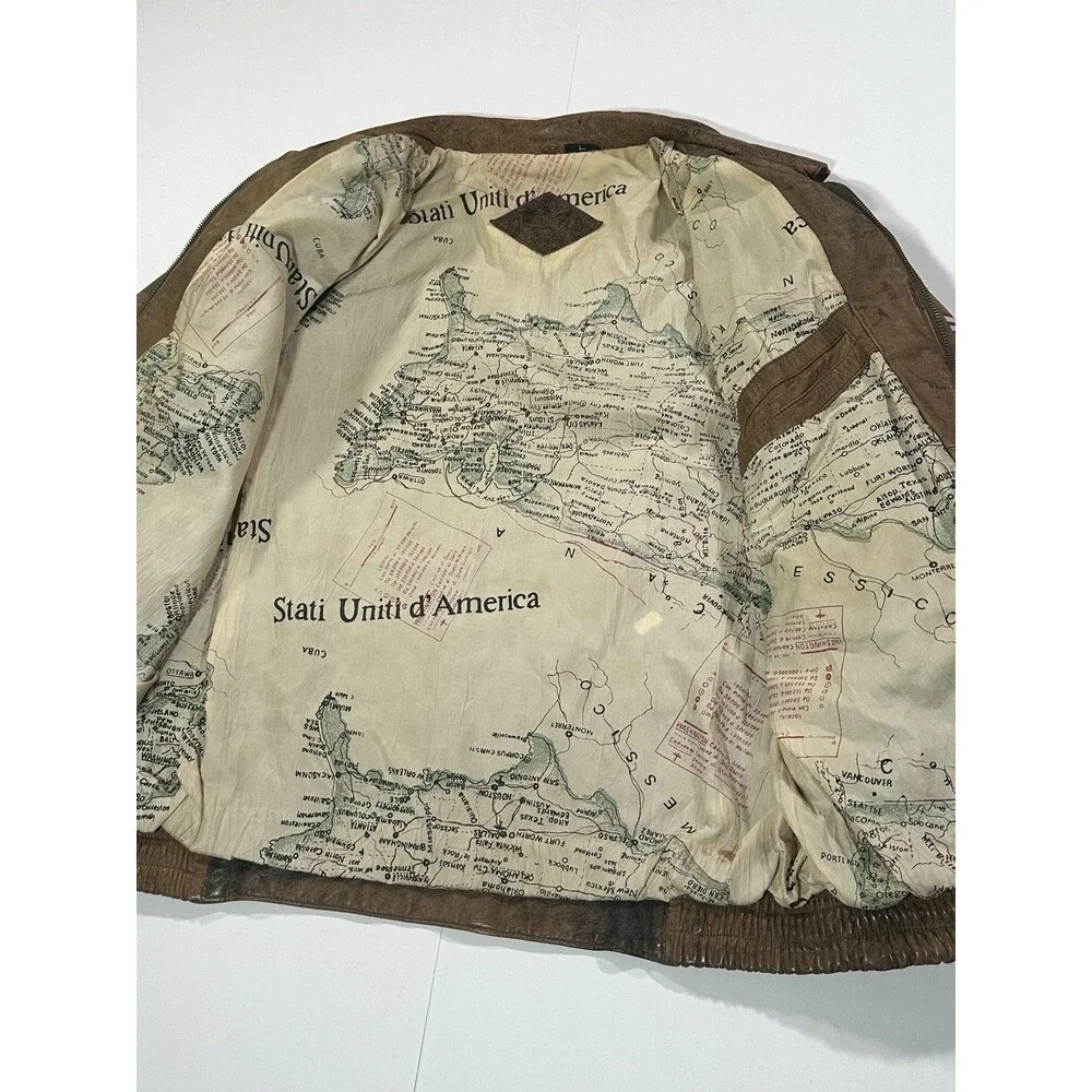Vintage 80s Adidas Leather Jacket Distressed Patchwork Map Lined USA Men’s Large